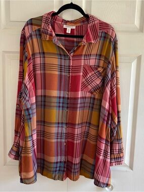 Motherhood Maternity Shirt Multicolor Button Plaid Top Slouchy Boxy Lounge 3X